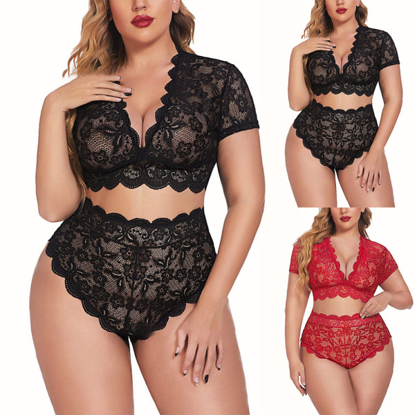 Lady Floral Lace Kortärmad Crop Top Briefs Set Underkläder Nattkläder Nattkläder Red 2XL