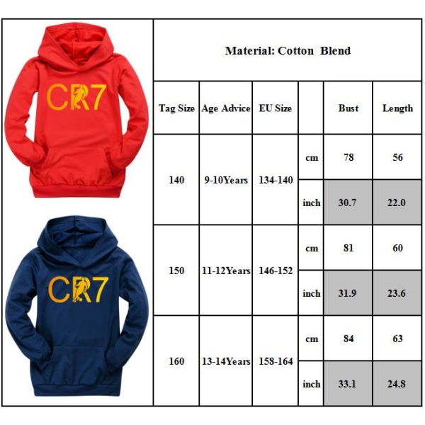 Barn CR7 Ronaldo Långärmad Hood Pullover Casual Vinter Sweatshirts Sport Toppar Navy blue 160cm