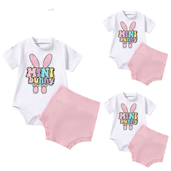 Babyflicka Påskoutfit Kortärmad Kanin-Romper Shorts 2-Delar 12-18M