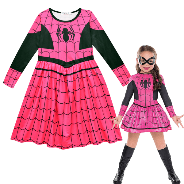 Flickor Halloween Klänning Cartoon Spider Print Outfits Med Mask 130cm