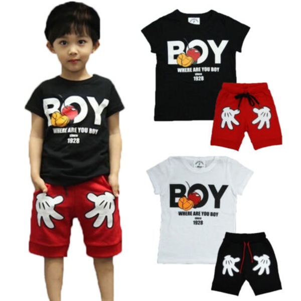 Toddler Barn Pojkar Casual Outfits Toppar + Korta byxor Set black&red 130cm