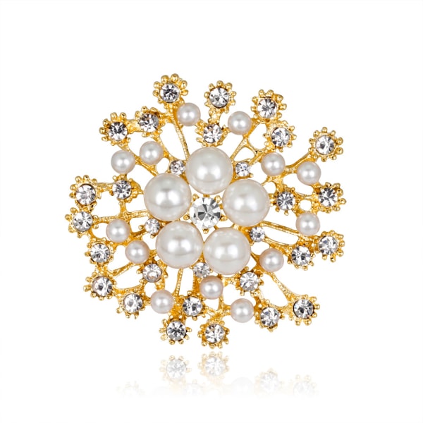 Kvinnor Vintage Style Crystal Stor Snowflake Pearl Brosch Pin gold