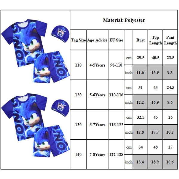 3 Delar Sonic Baddräkt Set Barn Pojke Badkläder Shorts Mössa Outfit Baddräkt 130cm