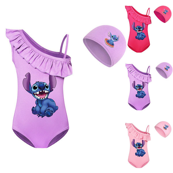 Lilo & Stitch Tryckt Barnflickor Monokini Baddräkt + Badmössa Kostym Surf Strandkläder Rose Red 140cm