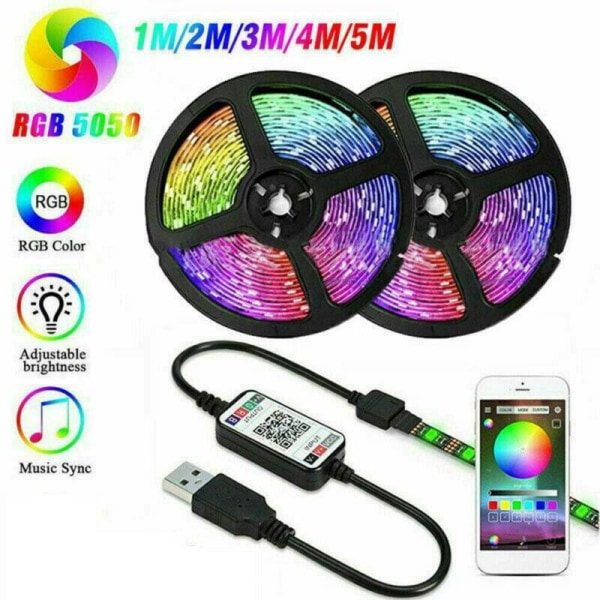 LED Strip Lights TV Bakgrundsljus 5050 RGB Färg Laddare Bluetooth 2 M