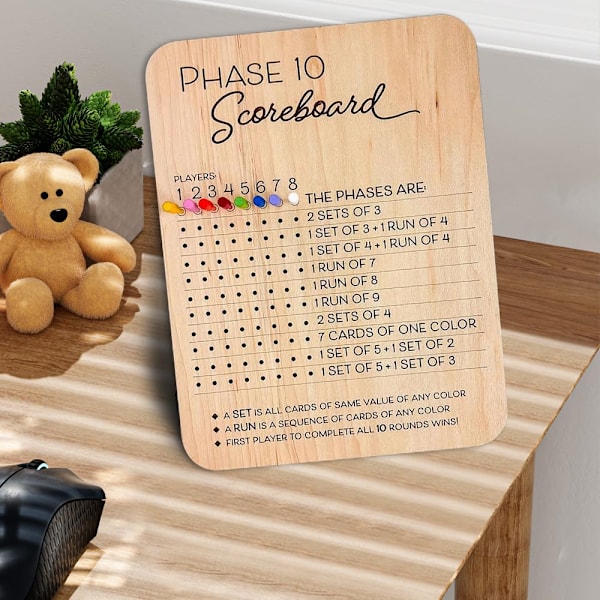 Phase 10 Pistetaulu, puinen Phase 10 pistetaulu ja kierrosten seuranta 2025