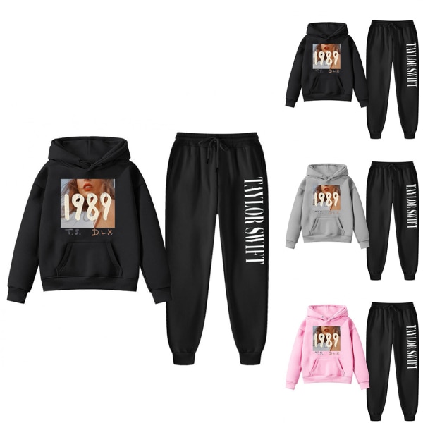 Barn Pojkar Taylor Swift 1989 Träningsoverall Set Hood Pullover Sweatshirt Huvtröja Byxor Outfit Black 150cm