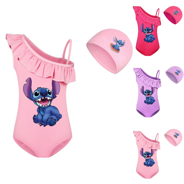 Lilo & Stitch Tryckt Barnflickor Monokini Baddräkt + Badmössa Kostym Surf Strandkläder Rose Red 160cm