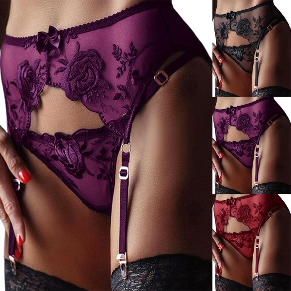 Dam Sexy Spets Strumpebandspanty Lingerie Suspender T-string Set Nattlinne Purple L