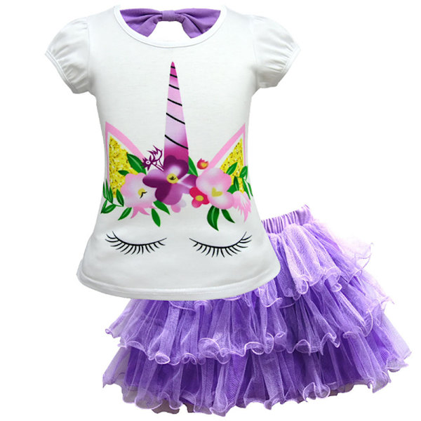 Flickor Barn Unicorn Klänningsset Barn Kortärmad Festkläder purple 100cm