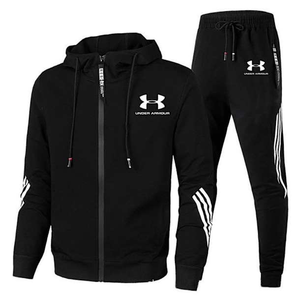 Männs Tracksuit 2-delad Höst Vinter Casual Solid Jogger Sport Gym Full Zip Jacka Sweatsuit Långärmad Huvtröja och Sweatpants Set Black 2XL