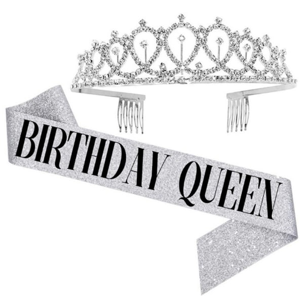 Födelsedagsfest tillbehör Dekorationsrem Crown Set silver QUEEN