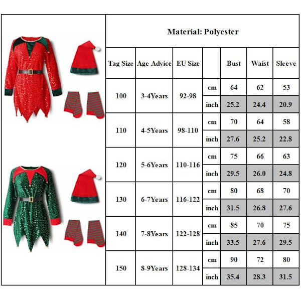 Jultomte Kostym för Barn, Pojkar och Flickor, Jultomte Cosplay Dräkt Green 110cm