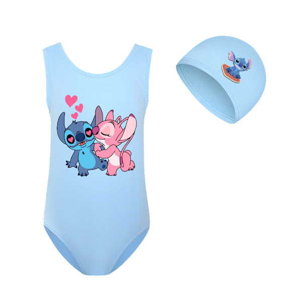 Lilo & Stitch Flickbaddräkt för flickor, baddräkt i ett stycke, modebadkläder för barn, sommarbaddräkter + badmössa Sky Blue 160cm