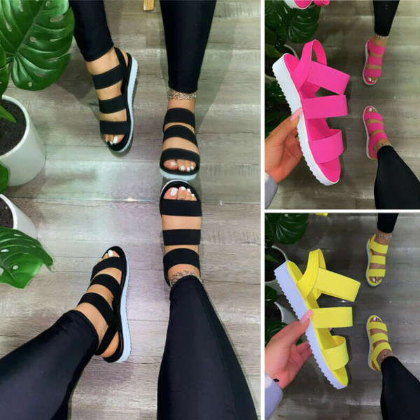Platta sandaler med band för damer, sommar bekväma Peep Toe-skor Black 39