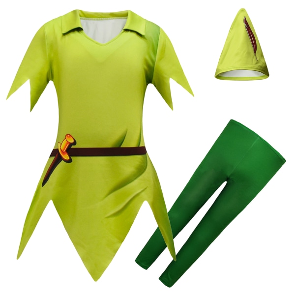 Barnfilm Peter Pan Halloween Fancy Grön Elf Topp Byxor Hatt Set 120cm