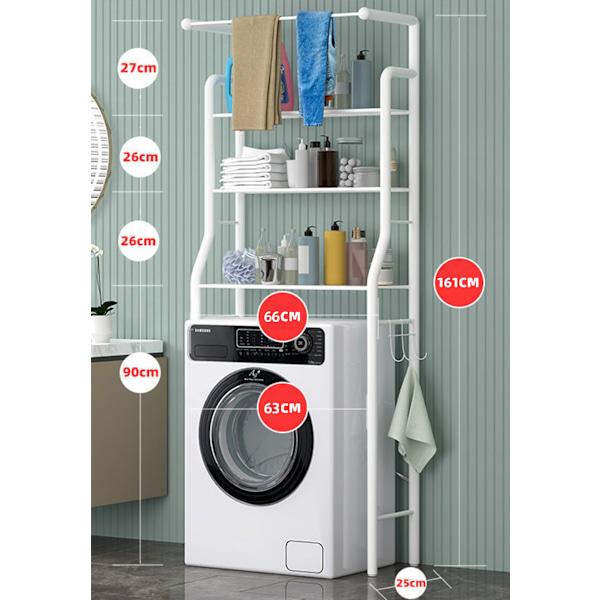 Kylpyhuoneen hylly pyyhekoukulla, seisova hylly 3 koukulla, 3-tasoinen teräksinen pesukoneen hylly, metallinen kylpyhuoneen hylly, WC-säilytyshylly, 161*66cm White