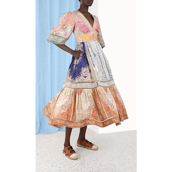ANNEKE LANTERN MIDI KJOLE 2025 Sommer Ny Dame Mote Temperament Retro V-Hals Knyting Lykt Ermer Enkelkneppet Dame Lang Kjole XL