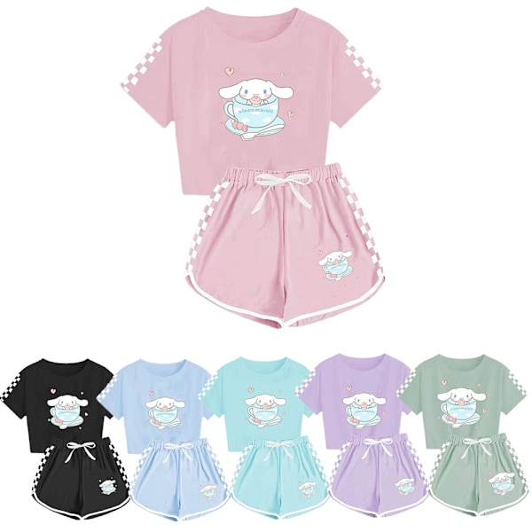 Barn Flickor Pojkar Cinnamoroll Tryckt Kortärmad T-shirt+shorts Sport Outfit Set Flickor Träningsdräkt Pink 160cm