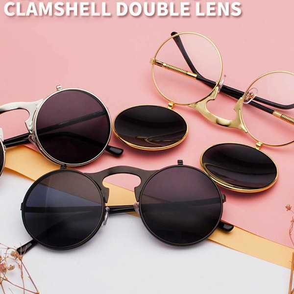 3 kpl Unisex Aurinkolasit Metalliset Käännettävät Linssit Pyöreät Silmälasit Gold Frame Red Lenses