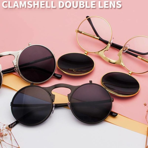 3 st unisex solglasögon metall Flip Up Len runda glasögon Gold Frame Black Lenses