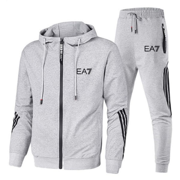 Män Helzippade Tryckt Hoodie Jacka Långa Sweatpants Joggers Sport Gym Tracksuit Set Light Grey M