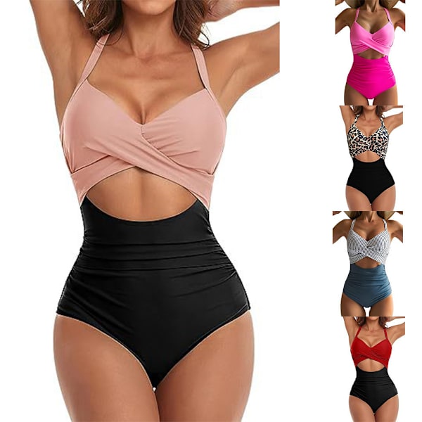 Simdräkt i ett stycke för kvinnor ihålig Monokini baddräkt sommar Red+black 2XL