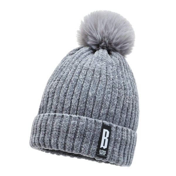 Dam Pom Pom Bobble Beanie Hat Chunky Stickad Warm Casual Cap grey