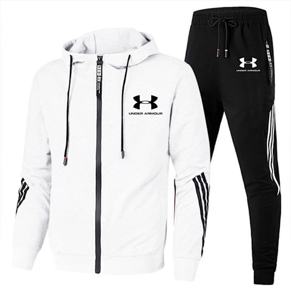 Männs Tracksuit 2-delad Höst Vinter Casual Solid Jogger Sport Gym Full Zip Jacka Sweatsuit Långärmad Huvtröja och Sweatpants Set White 4XL