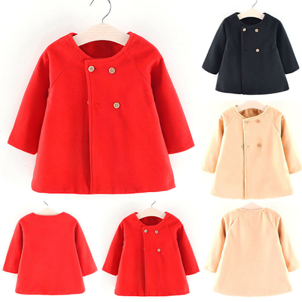 Piger Børn Fleece Trench Kappe Frakke Vinter Varm Jakke Casual Red 2-3 Years