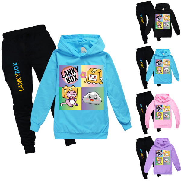 Barn LANKYBOX Tryck Hoodie + Byxor Set Huvtröja Tracksuit Set Light blue 120cm