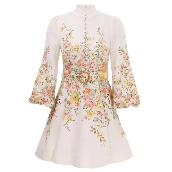 Zim Stil Matchmaker Knäppt Bältad Tryckt Linne Mini Klänning Damklänning Mode Temperament Retro Enkelknäppt Kort Damklänning Med Bälte White XL