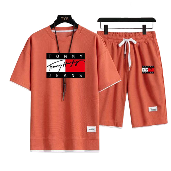 Bokstavstryck för män Sportkläder Fitness Löparkläder Casual T-shirt + Shorts-set Orange M