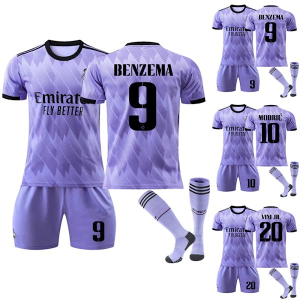 Jersey NO.9 Benzema Sportkläder Set Kortärmad Barn Aktivkläder Fotbollsträningsset för Barn Pojkar Träningsoverall Set Jersey Tröja Byxor Topp 22/23 #9 24