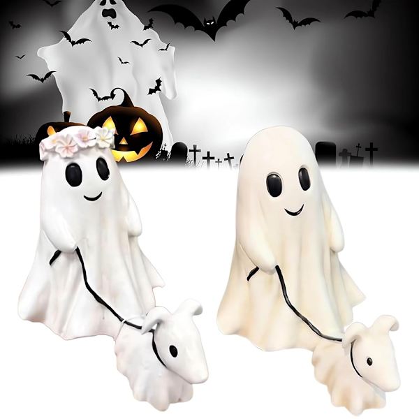 Halloween-haamu kävelyttää koiraa -patsas, haamu kävelyttää haamukoiraansa Halloween-figuriini 2024, pöytäkoriste, sopii sisä- ja ulkokäyttöön Boys