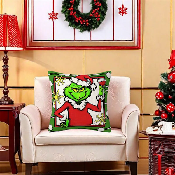 4 st jul Grinch kuddfodral, soffkudde, bil, hem, juldekoration, 45x45cm 4PCS