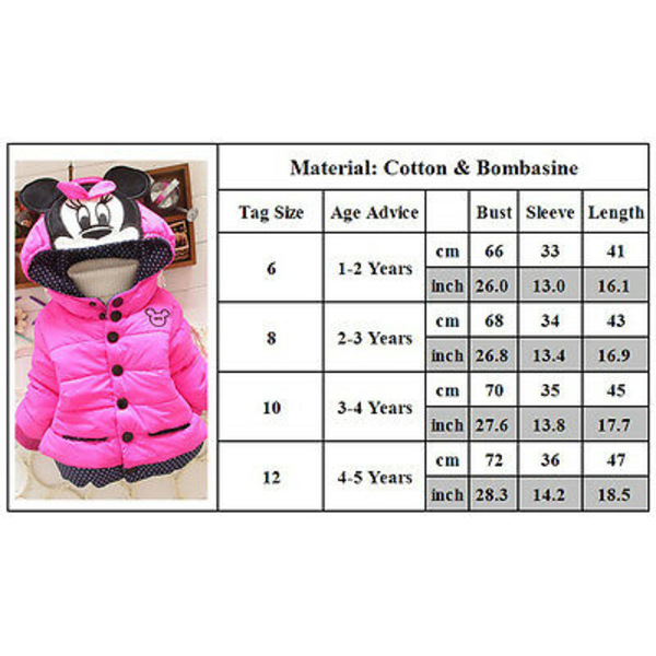 Piger Børn Mickey Minnie Vatteret Varm Vinterjakke Frakke Overtøj Pink 8 ( 2-3 Years )