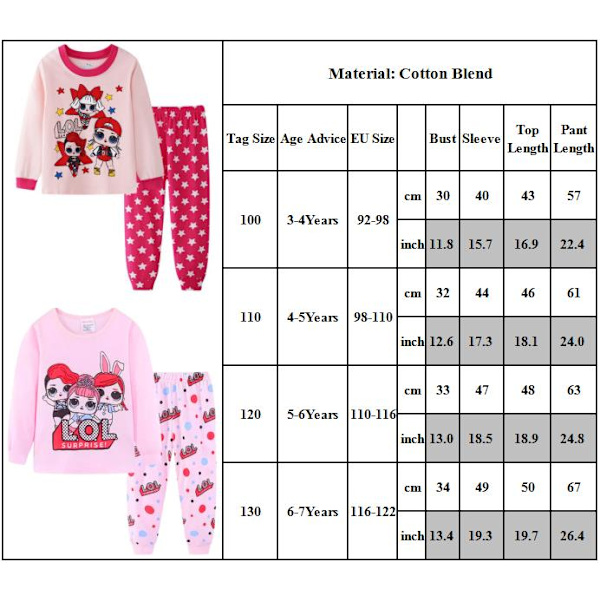 2 stk. Pige Pyjamas Tegneserie Dukke Langærmet Pullover Natøj A 100cm