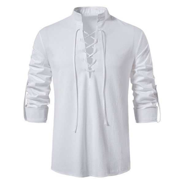 Herrar Medeltida Snörning T-shirt Gotisk Renässans Pirat Cosplay Kostym Retro White M