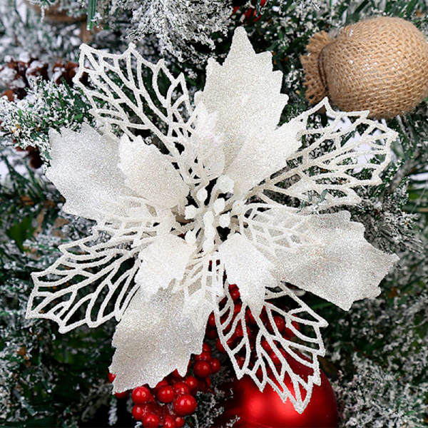 10 stk. Jule Glitter Blomst Trepynt Jul White