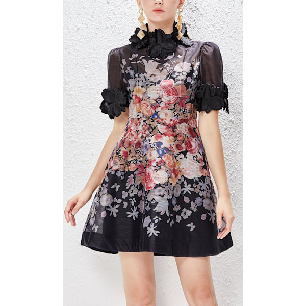 LUMINOSITY LIFTOFF FLOWER MINI Mekko Naisten Mekko Muoti Temperamentti Pystykaulus Loma Retro A-linjainen Painettu Lyhyt Mekko Black XL