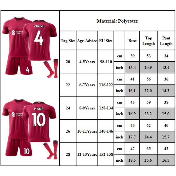 Mane #10 M.Salah #11 Jersey Fotboll Sportkläder Set Röd 22/23 Hemfotbollsträningskit för barn Pojkar Set Skjortor Sommar #4 22