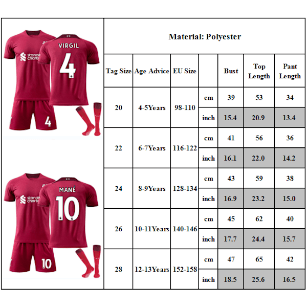 Mane #10 M.Salah #11 Tröja Fotboll Sportkläder VM-Set Röd 22/23 Hemma Fotbollsträningsset för Barn Pojkar Träningsoverall Set Tröjor Sommar #4 26