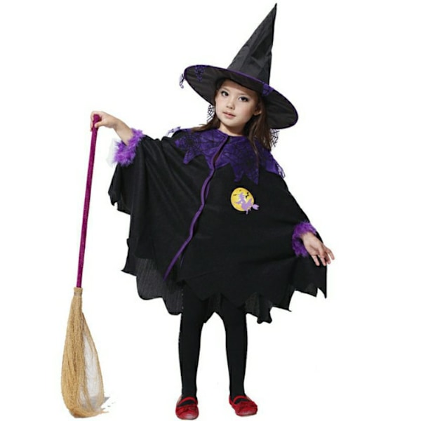 Häxkostym för flickor Svart katt trollkarl cosplay kostym set flickor Halloween karneval fest häxkappa klänning（Kappa+hatt+kvast） Cloak+Hat+Broom 100cm