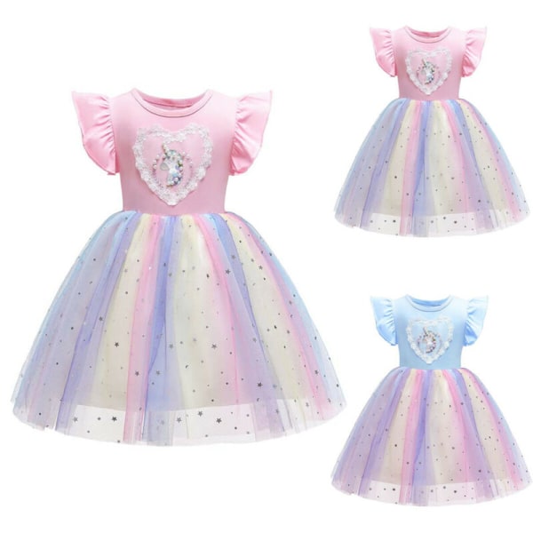 Barn Flickor Ruffle Unicorn Princess Dress Rainbow Tutu Dress Pink