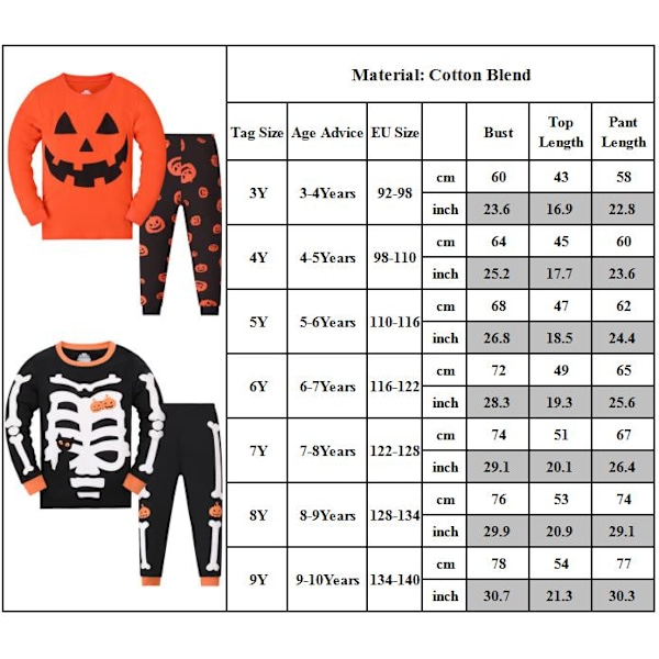 Halloween Pumpa Pyjamas för 3-9 Pojke Flicka Glow-in-the-Dark 2 Delar Sovkläder Toppar och Byxor Set 4Y