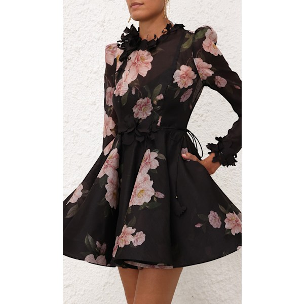 Dame Chiffon Kjole, Casual Kamelia Print Langærmet Knælang Mini Kjole 2XL