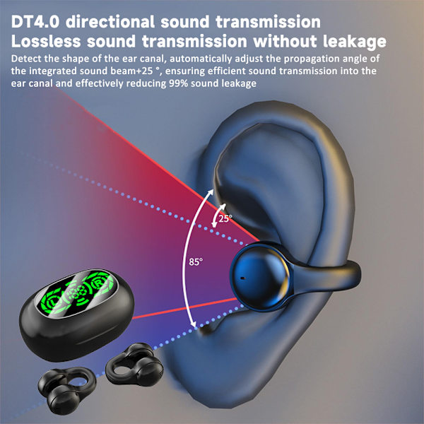 Trådlös Bluetooth hörsnäcka Öronklämma Hörlurar Stereoljud LED Digital Display Black