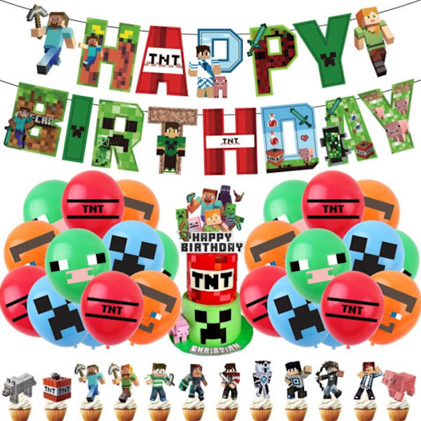 Minecraft Tema Bursdag Banner Ballong Party Dekorasjoner Forsyning