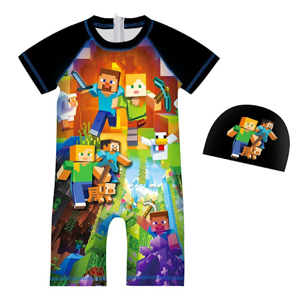 Minecraft Barn Pojkar Hel Baddräkt Solskydd Baddräkt Simdräkt med Badmössa för Surf Strand Pool Black 130cm